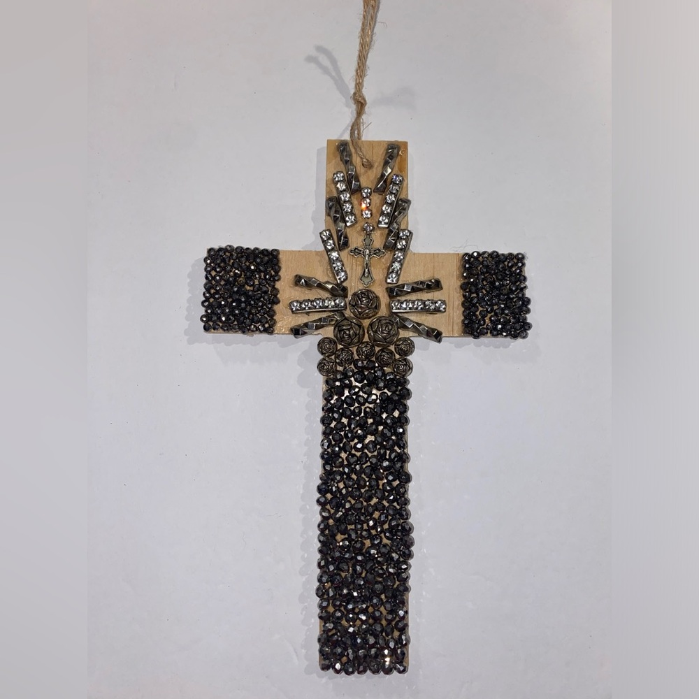 Silver, Iridescent Black Artesanal Wood Cross w/ Repurposed Jewelry Wall Deco
